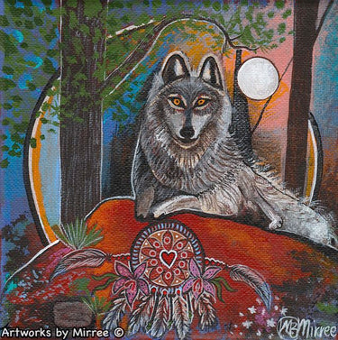 Grey Wolf Dreaming with Dreamcatcher Framed Canvas Print by Mirree Contemporary Aboriginal Art